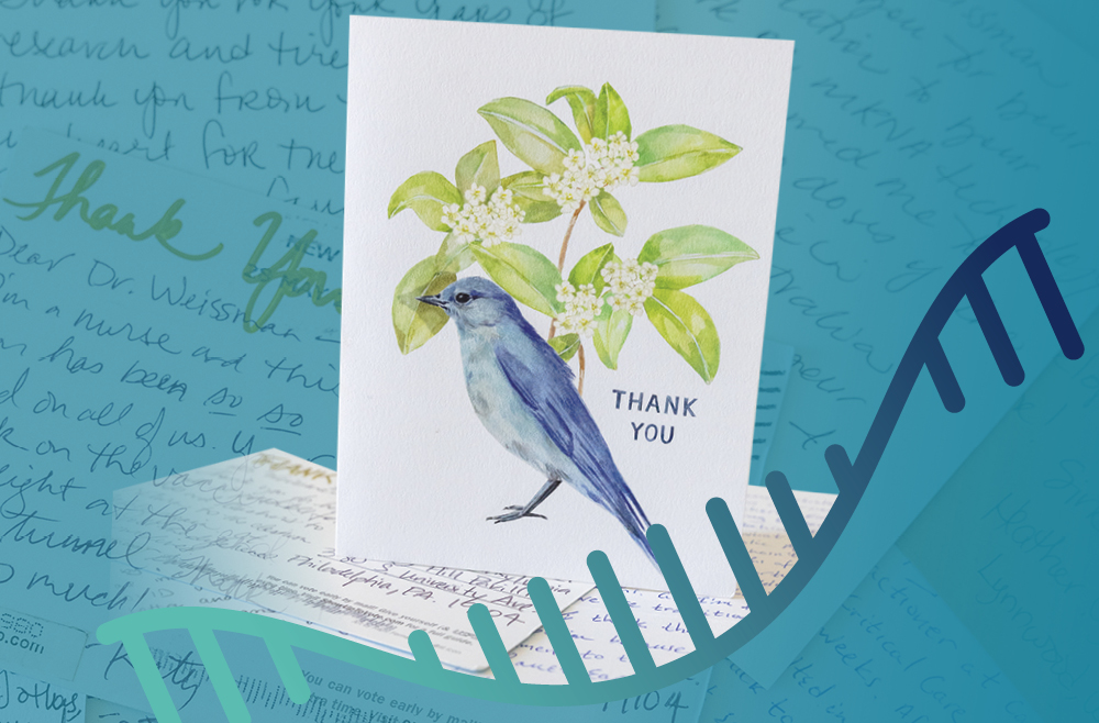 Collage of thank you notes with one card nested in a RNA illustration